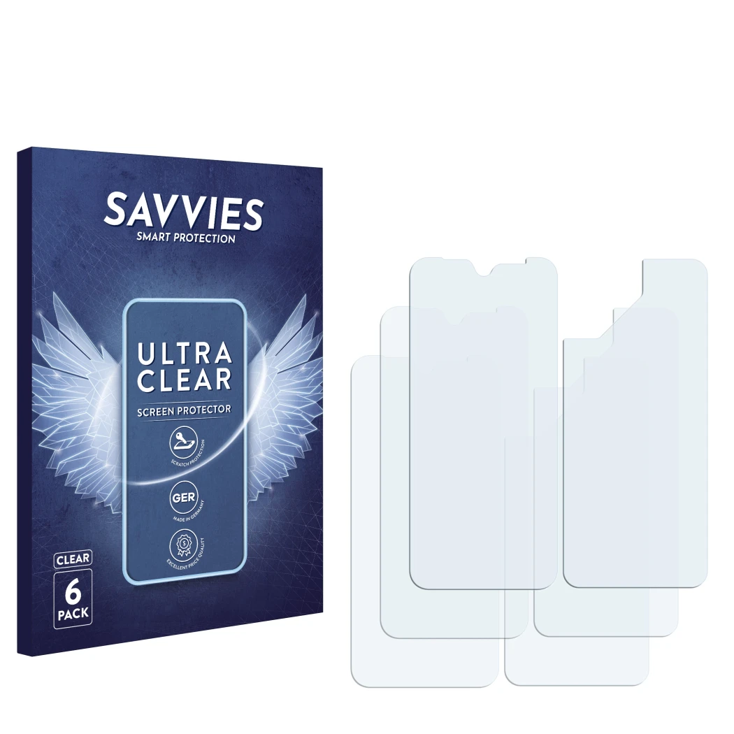 Parte frontal de un envase de producto con el logotipo de la marca Savvies. Al lado está el protector de pantalla correspondie