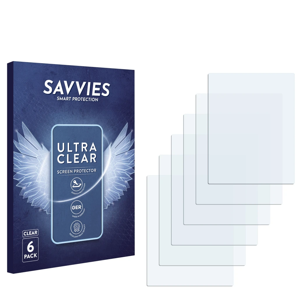 Parte frontal de un envase de producto con el logotipo de la marca Savvies. Al lado está el protector de pantalla correspondie