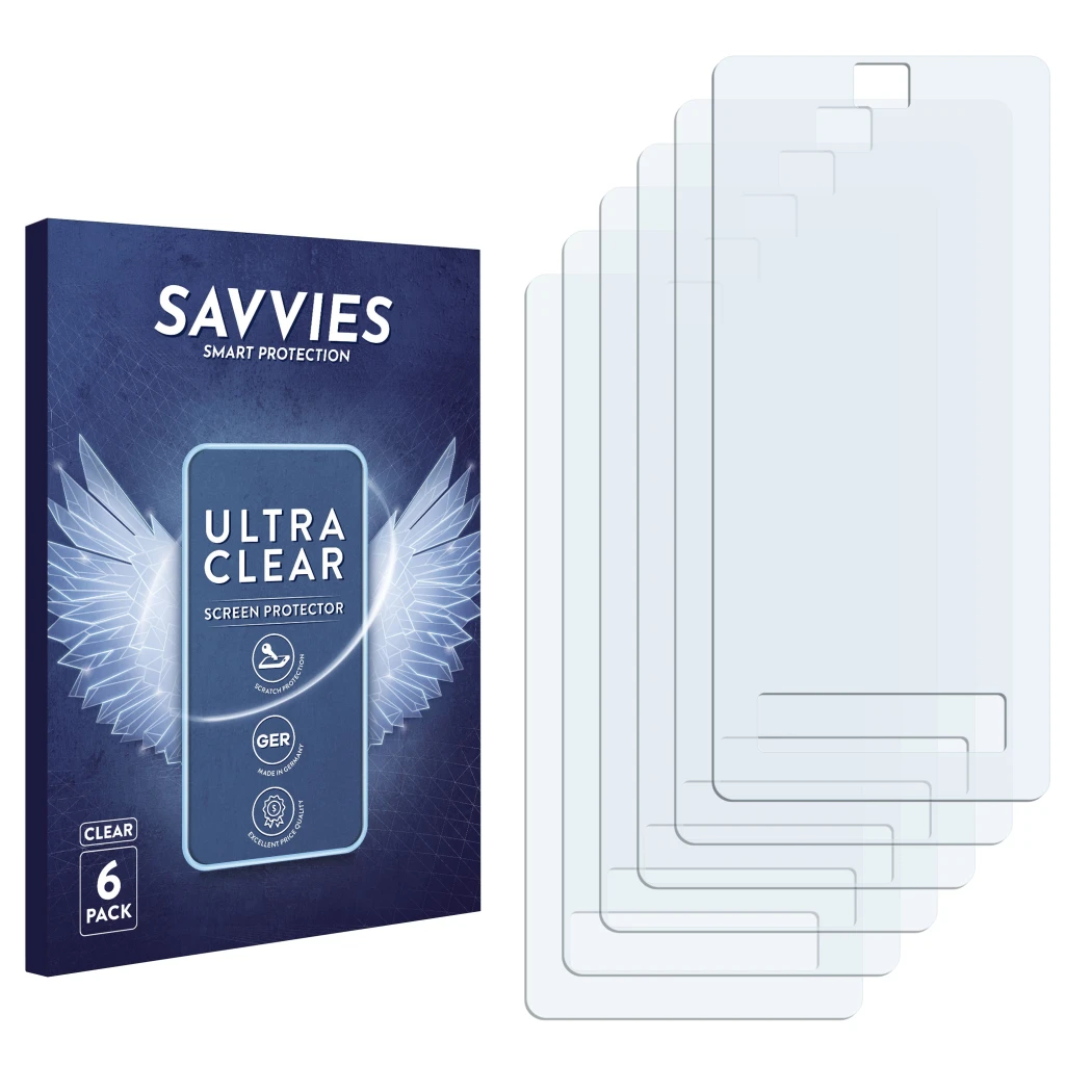Parte frontal de un envase de producto con el logotipo de la marca Savvies. Al lado está el protector de pantalla correspondie