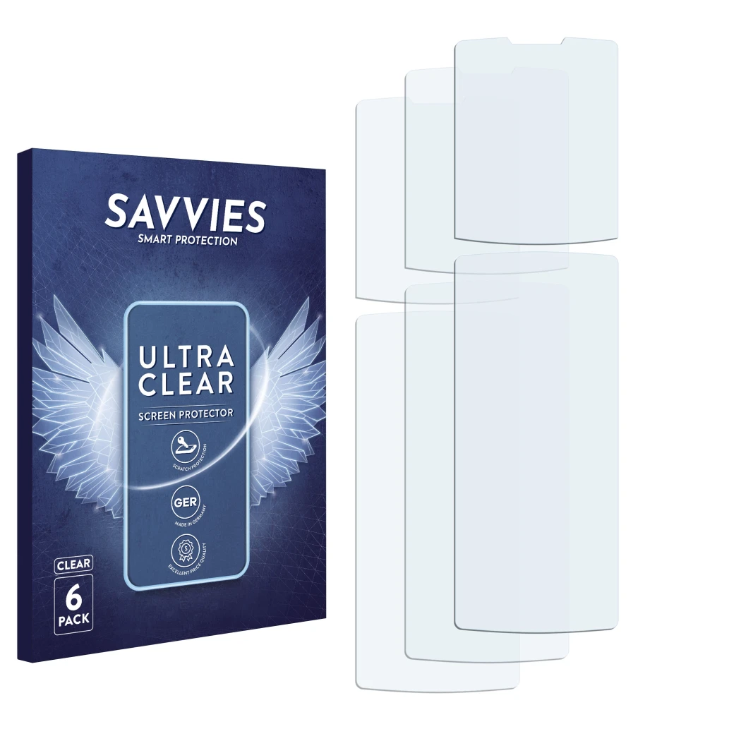 Parte frontal de un envase de producto con el logotipo de la marca Savvies. Al lado está el protector de pantalla correspondie