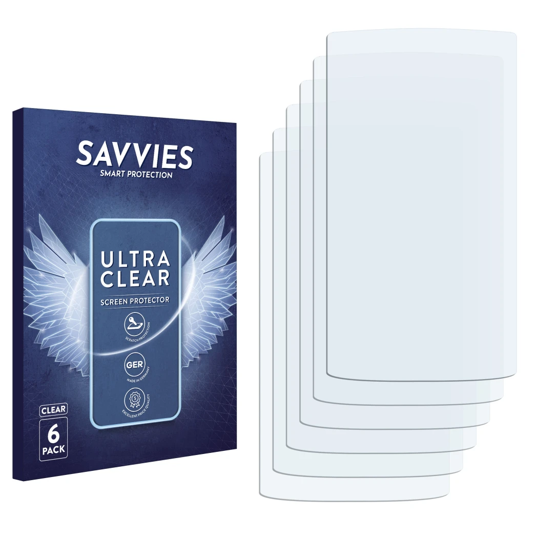 Parte frontal de un envase de producto con el logotipo de la marca Savvies. Al lado está el protector de pantalla correspondie