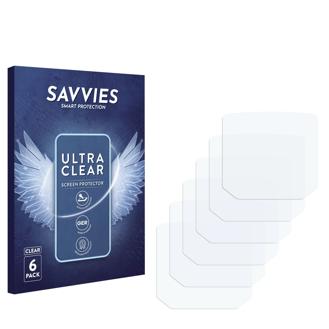 Parte frontal de un envase de producto con el logotipo de la marca Savvies. Al lado está el protector de pantalla correspondie