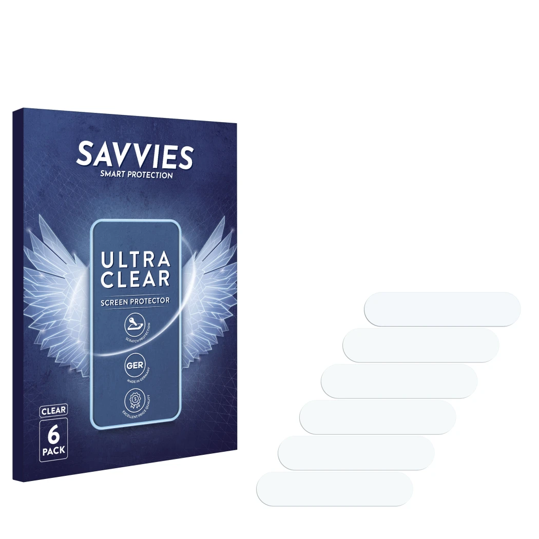 Parte frontal de un envase de producto con el logotipo de la marca Savvies. Al lado está el protector de pantalla correspondie