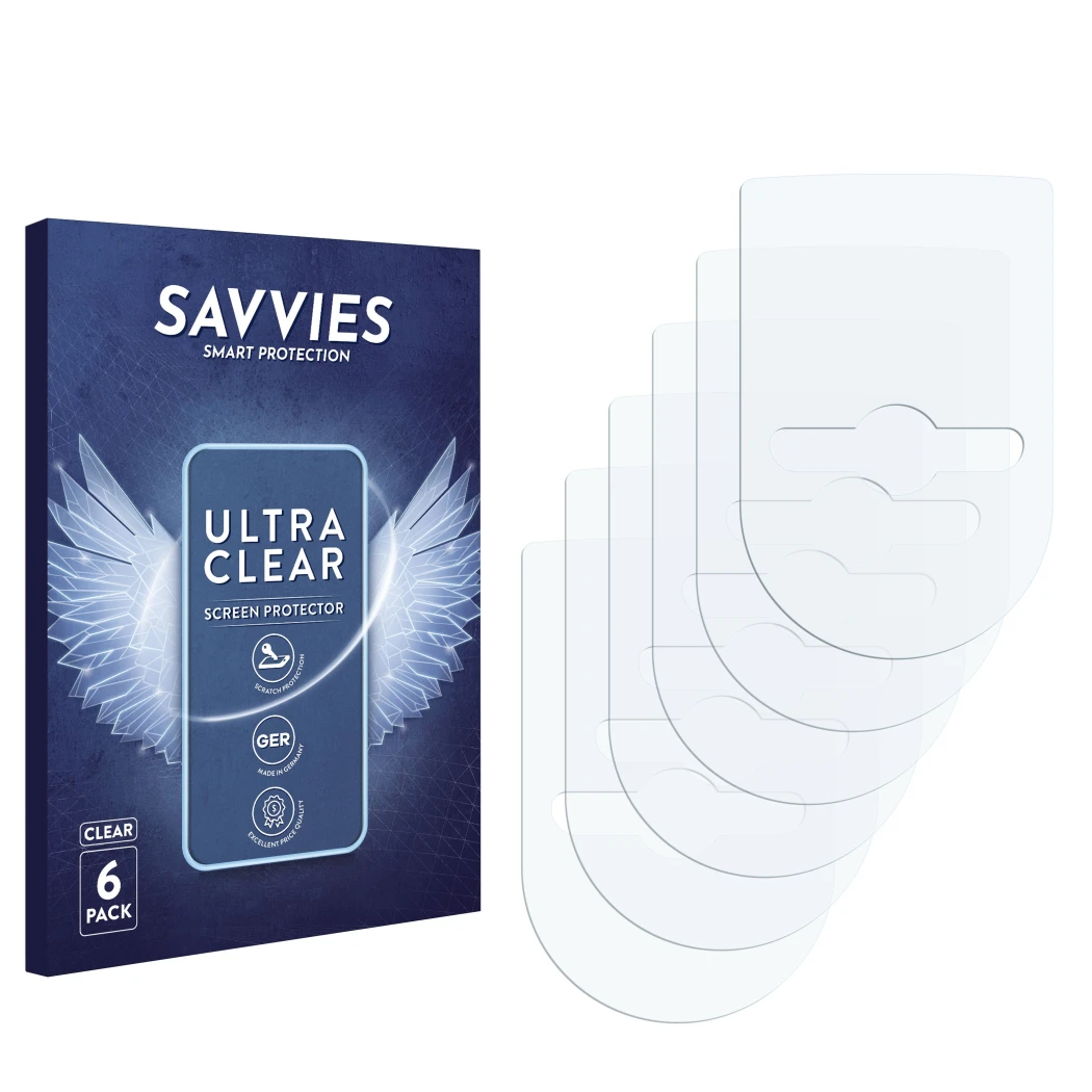 Parte frontal de un envase de producto con el logotipo de la marca Savvies. Al lado está el protector de pantalla correspondie
