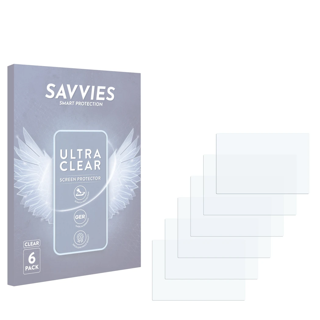 Parte frontal de un envase de producto con el logotipo de la marca Savvies. Al lado está el protector de pantalla correspondie