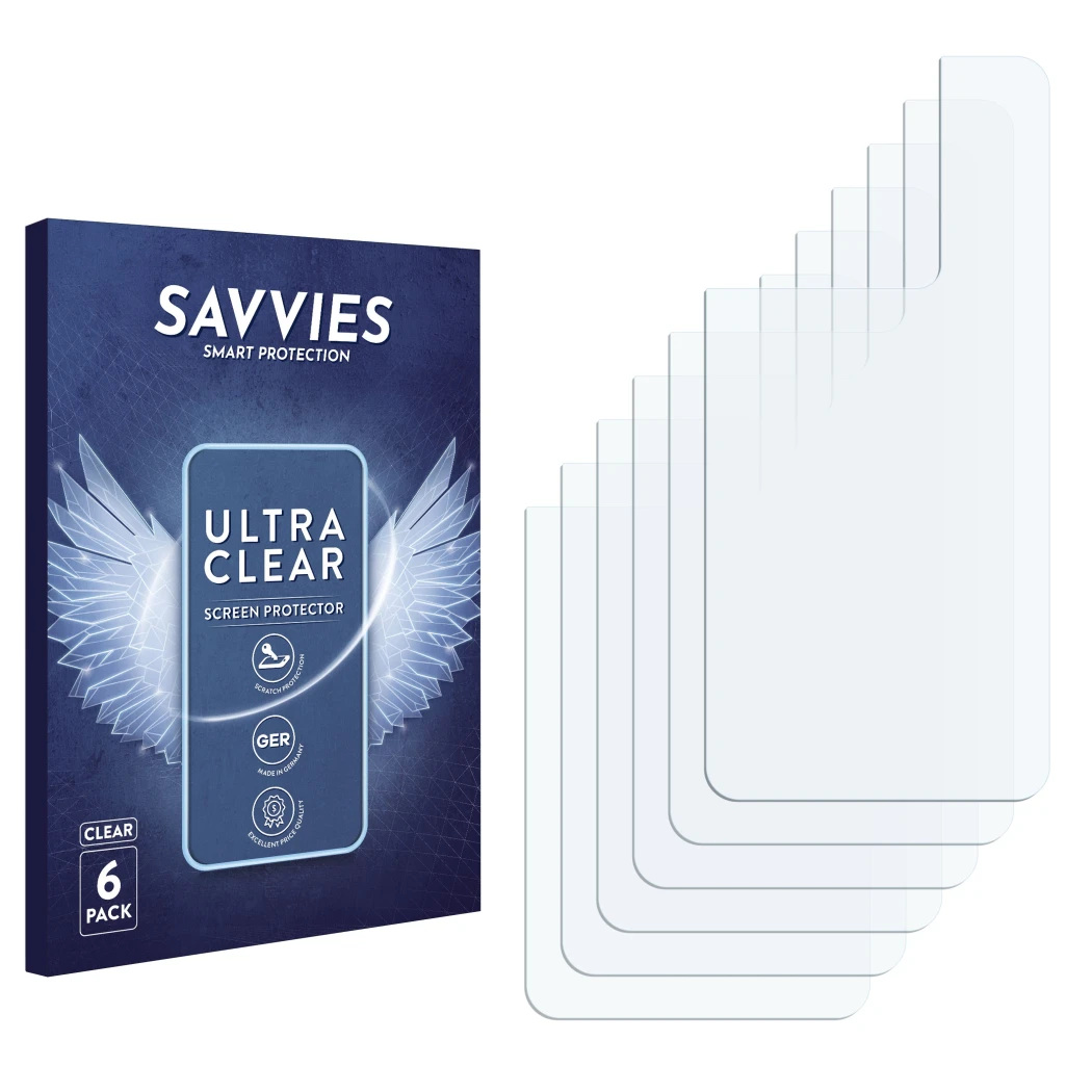 Parte frontal de un envase de producto con el logotipo de la marca Savvies. Al lado está el protector de pantalla correspondie