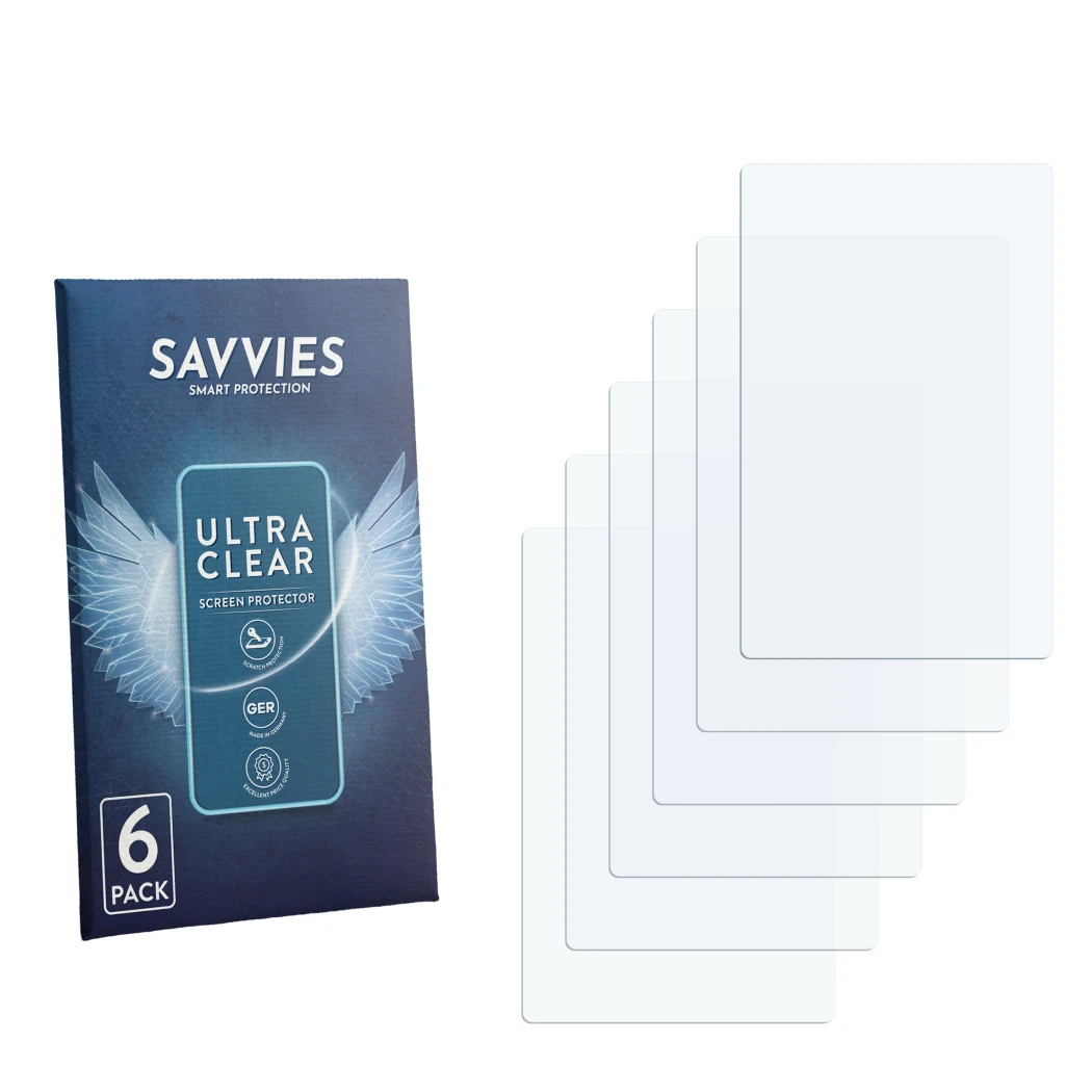 Parte frontal de un envase de producto con el logotipo de la marca Savvies. Al lado está el protector de pantalla correspondie