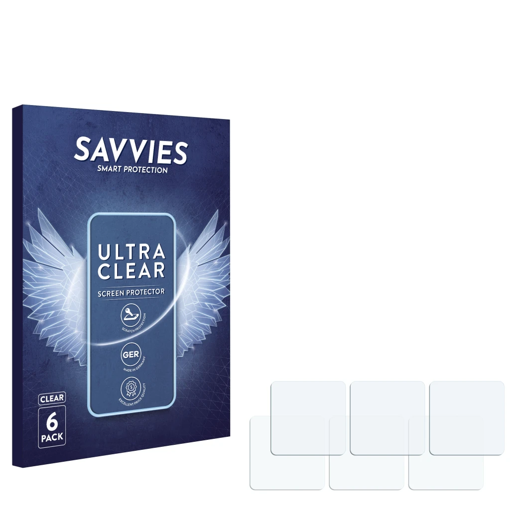 Parte frontal de un envase de producto con el logotipo de la marca Savvies. Al lado está el protector de pantalla correspondie