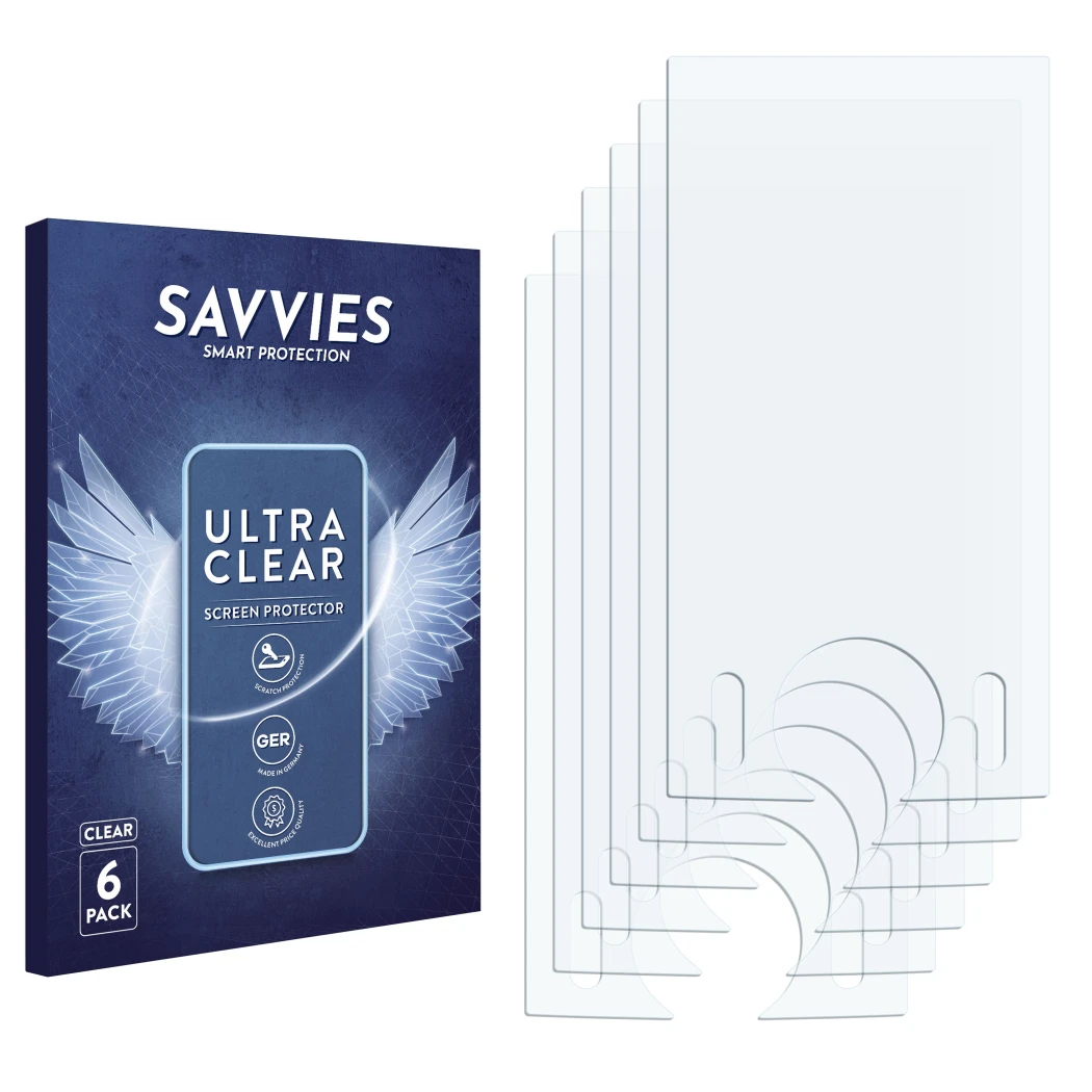 Parte frontal de un envase de producto con el logotipo de la marca Savvies. Al lado está el protector de pantalla correspondie