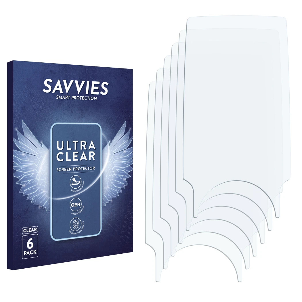 Parte frontal de un envase de producto con el logotipo de la marca Savvies. Al lado está el protector de pantalla correspondie