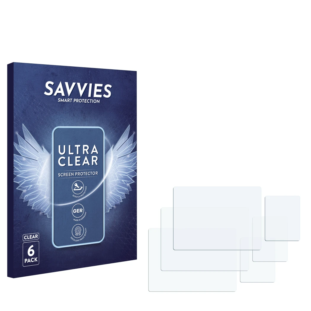 Parte frontal de un envase de producto con el logotipo de la marca Savvies. Al lado está el protector de pantalla correspondie