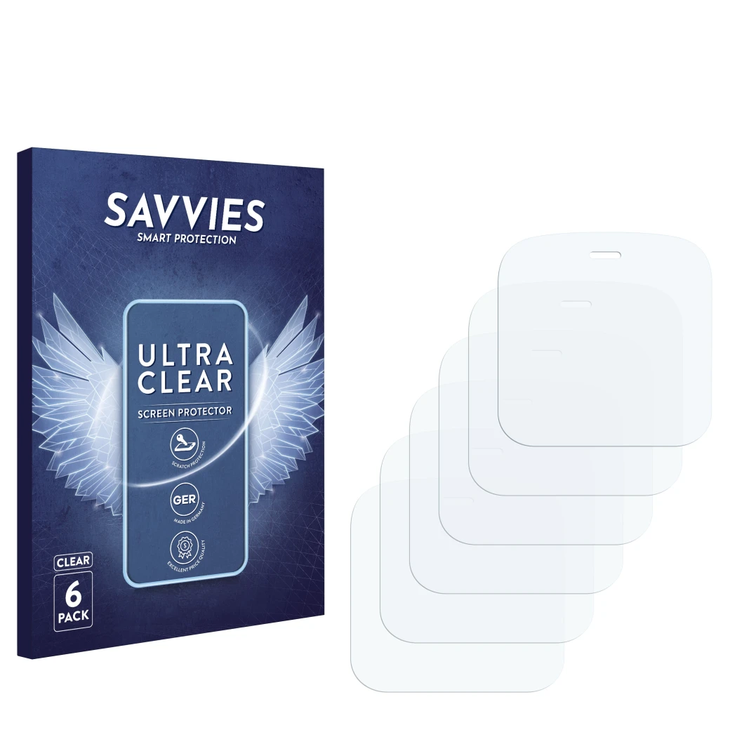 Parte frontal de un envase de producto con el logotipo de la marca Savvies. Al lado está el protector de pantalla correspondie