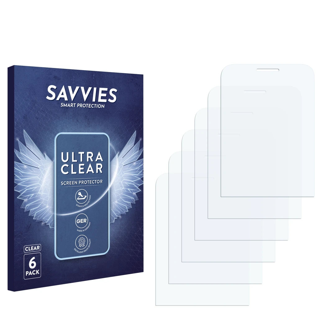 Parte frontal de un envase de producto con el logotipo de la marca Savvies. Al lado está el protector de pantalla correspondie