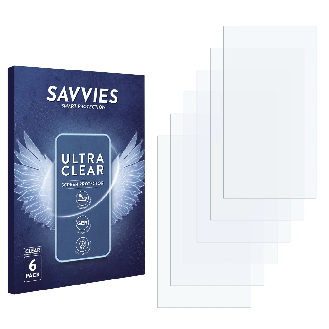 Parte frontal de un envase de producto con el logotipo de la marca Savvies. Al lado está el protector de pantalla correspondie