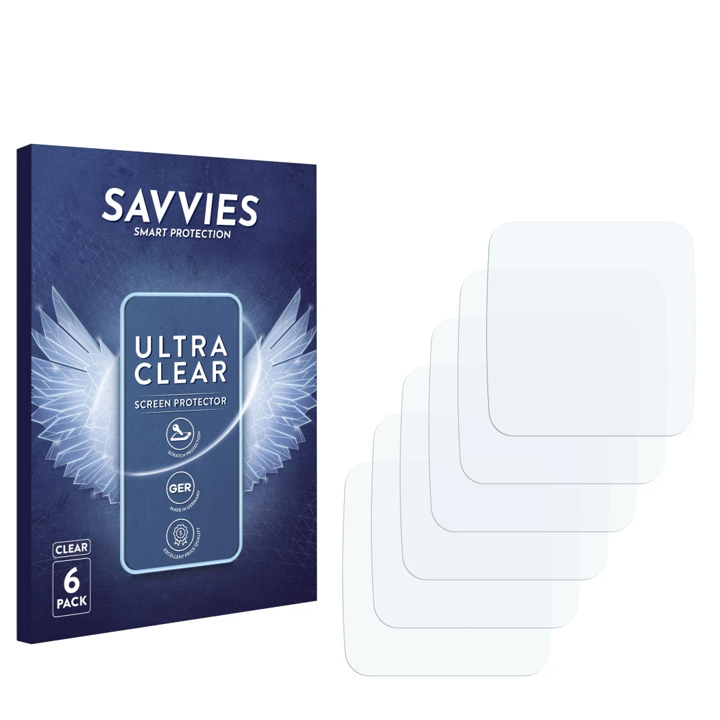 Parte frontal de un envase de producto con el logotipo de la marca Savvies. Al lado está el protector de pantalla correspondie