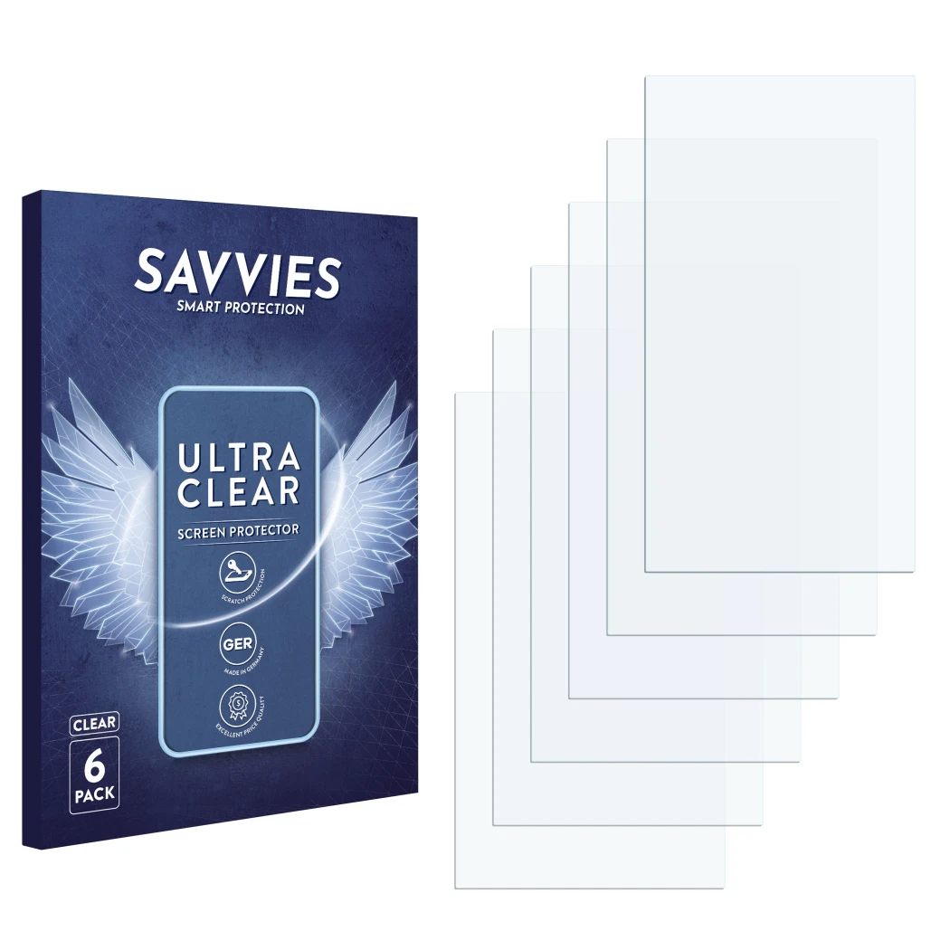 Parte frontal de un envase de producto con el logotipo de la marca Savvies. Al lado está el protector de pantalla correspondie