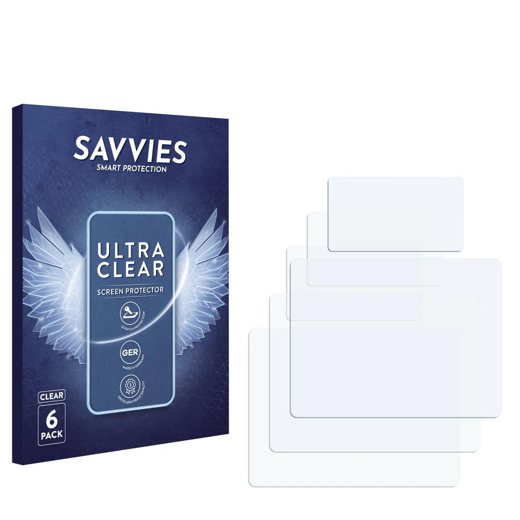 Parte frontal de un envase de producto con el logotipo de la marca Savvies. Al lado está el protector de pantalla correspondie