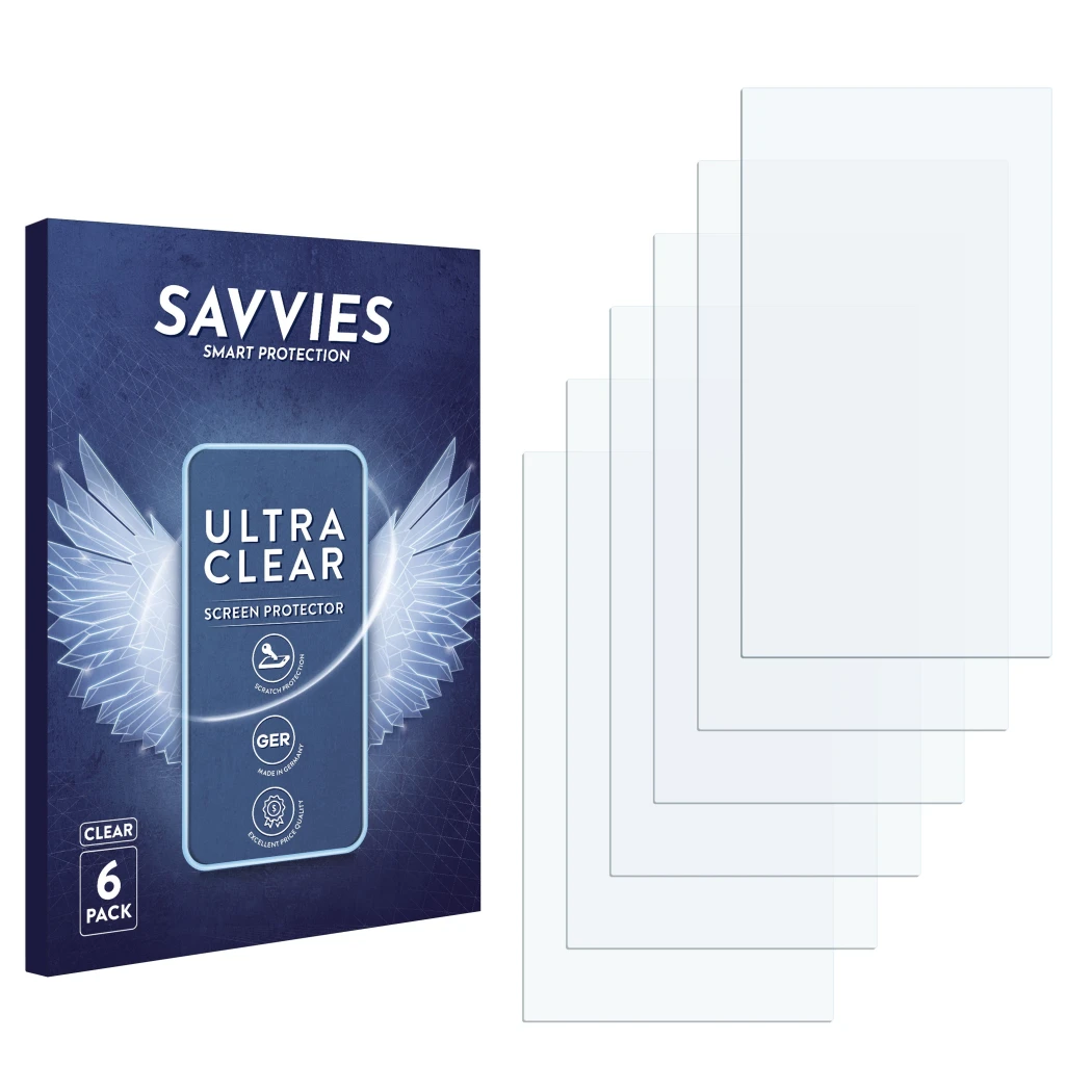 Parte frontal de un envase de producto con el logotipo de la marca Savvies. Al lado está el protector de pantalla correspondie