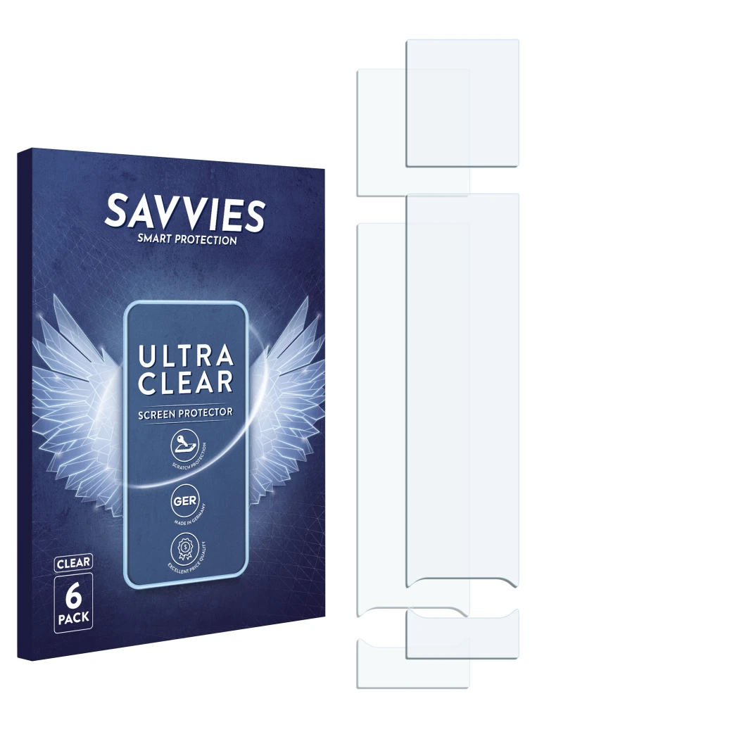 Parte frontal de un envase de producto con el logotipo de la marca Savvies. Al lado está el protector de pantalla correspondie