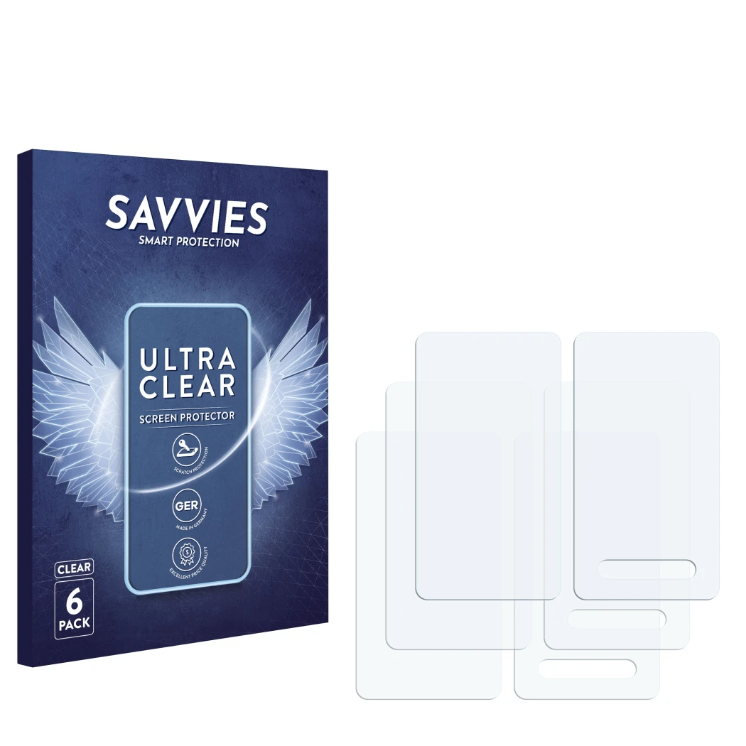 Parte frontal de un envase de producto con el logotipo de la marca Savvies. Al lado está el protector de pantalla correspondie