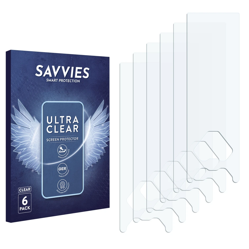 Parte frontal de un envase de producto con el logotipo de la marca Savvies. Al lado está el protector de pantalla correspondie