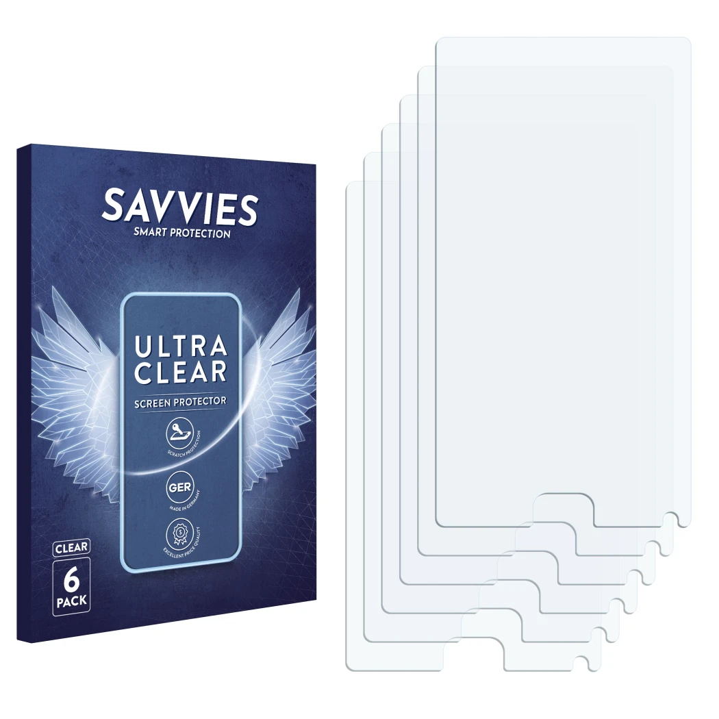 Parte frontal de un envase de producto con el logotipo de la marca Savvies. Al lado está el protector de pantalla correspondie