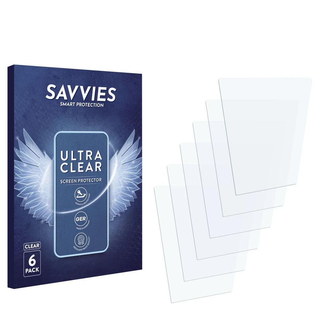 Parte frontal de un envase de producto con el logotipo de la marca Savvies. Al lado está el protector de pantalla correspondie