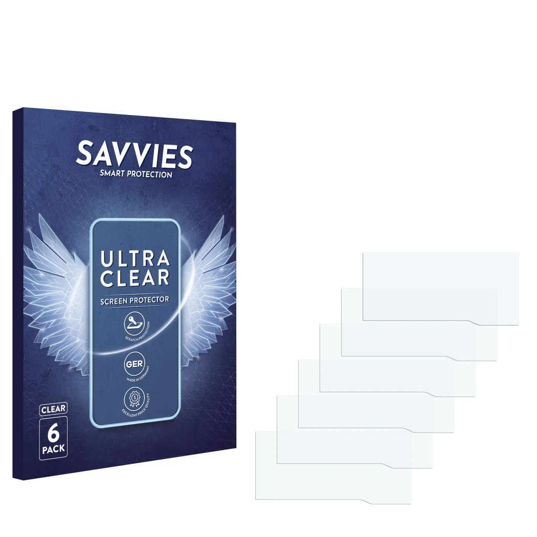 Parte frontal de un envase de producto con el logotipo de la marca Savvies. Al lado está el protector de pantalla correspondie