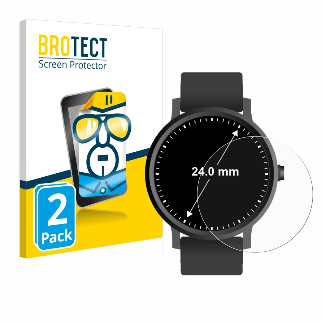 Parte frontal de un envase de producto con el logotipo de la marca BROTECT. Al lado se muestra el dispositivo Relojes (Circula