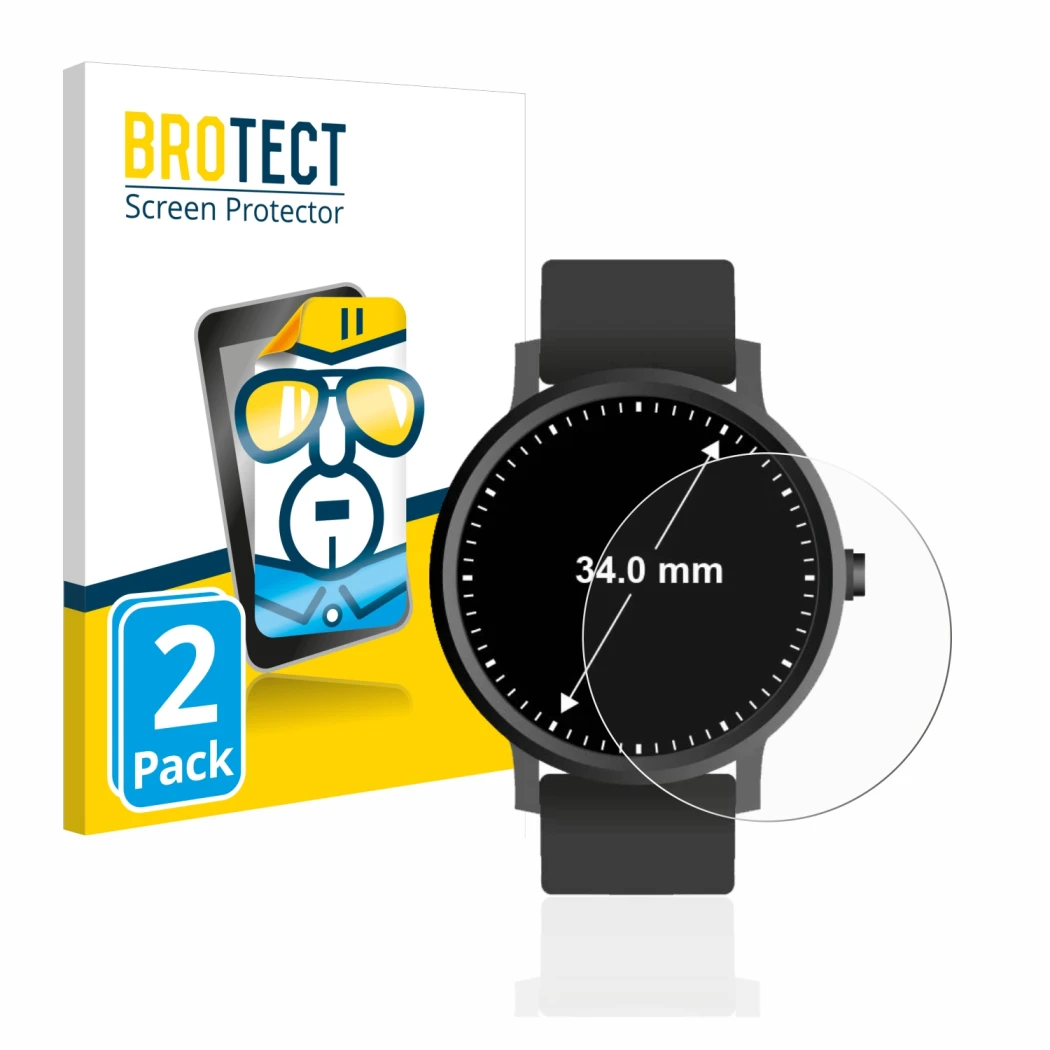 Parte frontal de un envase de producto con el logotipo de la marca BROTECT. Al lado se muestra el dispositivo Relojes (Circula