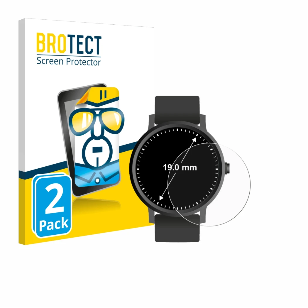 Parte frontal de un envase de producto con el logotipo de la marca BROTECT. Al lado se muestra el dispositivo Relojes (Circula
