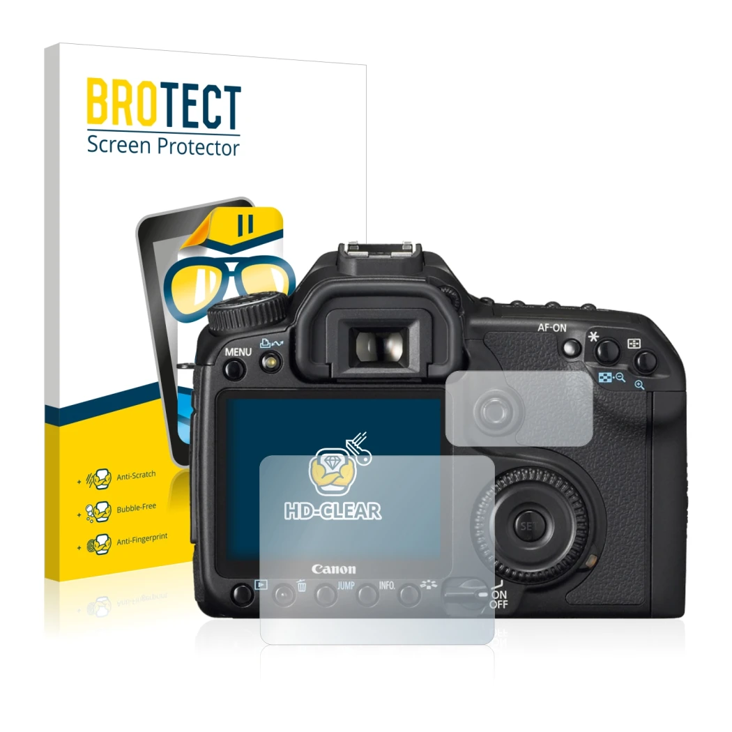 Parte frontal de un envase de producto con el logotipo de la marca BROTECT. Al lado se muestra el dispositivo Canon EOS 40D co