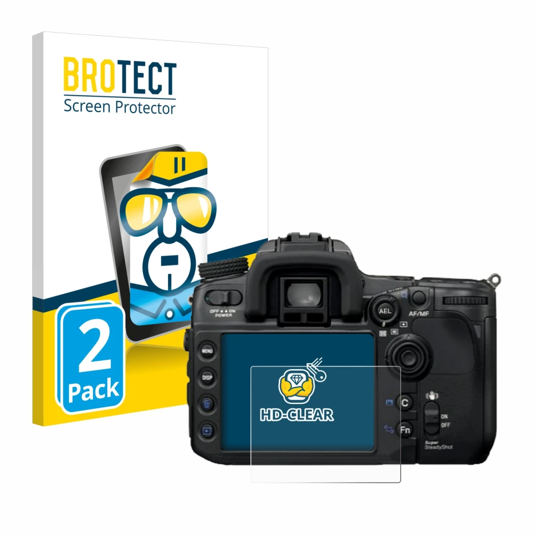 Parte frontal de un envase de producto con el logotipo de la marca BROTECT. Al lado se muestra el dispositivo Sony Alpha 700 (
