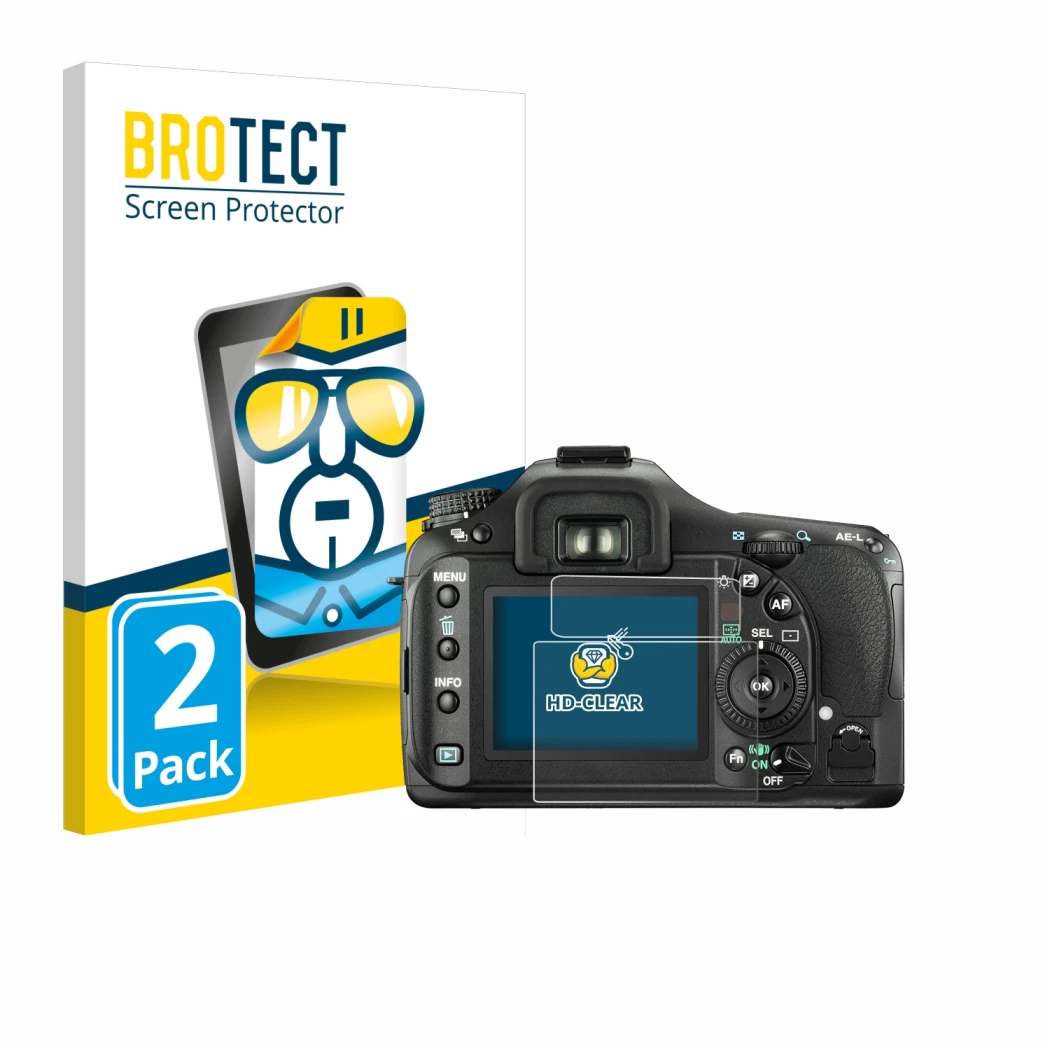 Parte frontal de un envase de producto con el logotipo de la marca BROTECT. Al lado se muestra el dispositivo Pentax K20D con