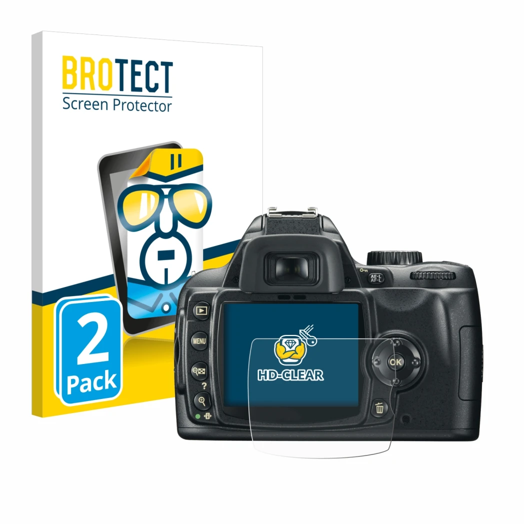 Parte frontal de un envase de producto con el logotipo de la marca BROTECT. Al lado se muestra el dispositivo Nikon D60 con su