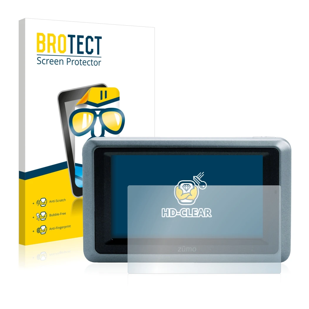 Parte frontal de un envase de producto con el logotipo de la marca BROTECT. Al lado se muestra el dispositivo Garmin zumo 660