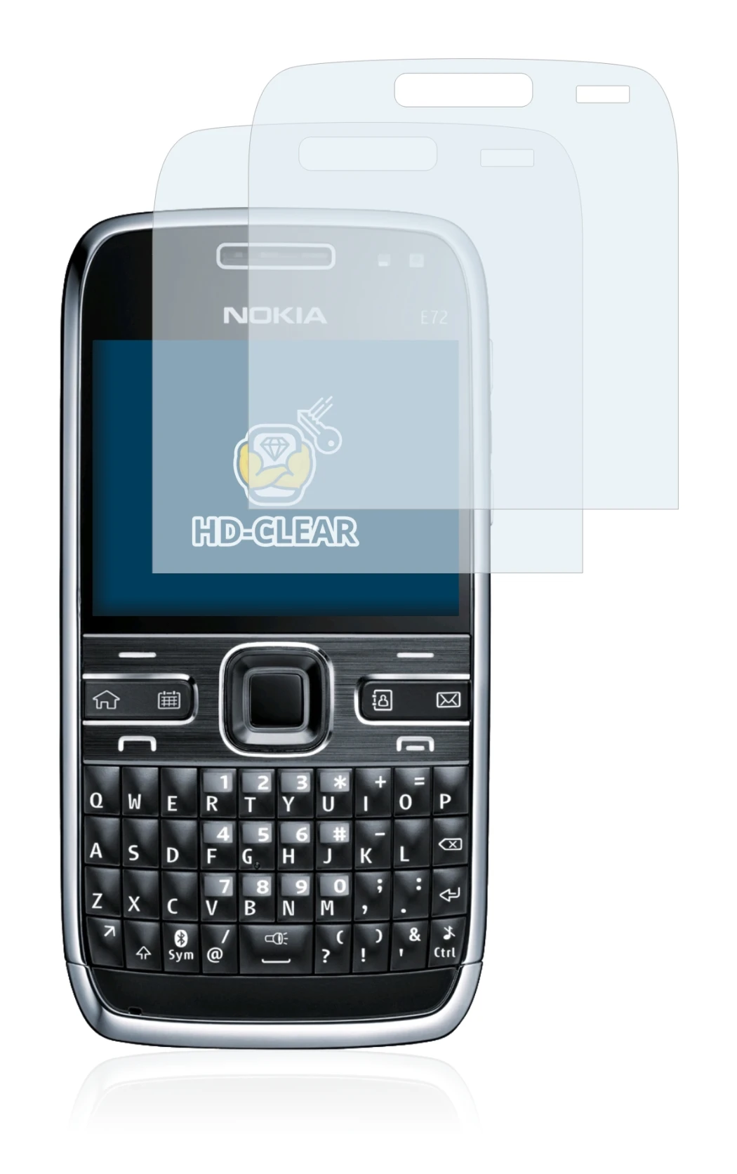 Imagen del dispositivo Nokia E72 con una amplia variedad de protectores de pantalla.
