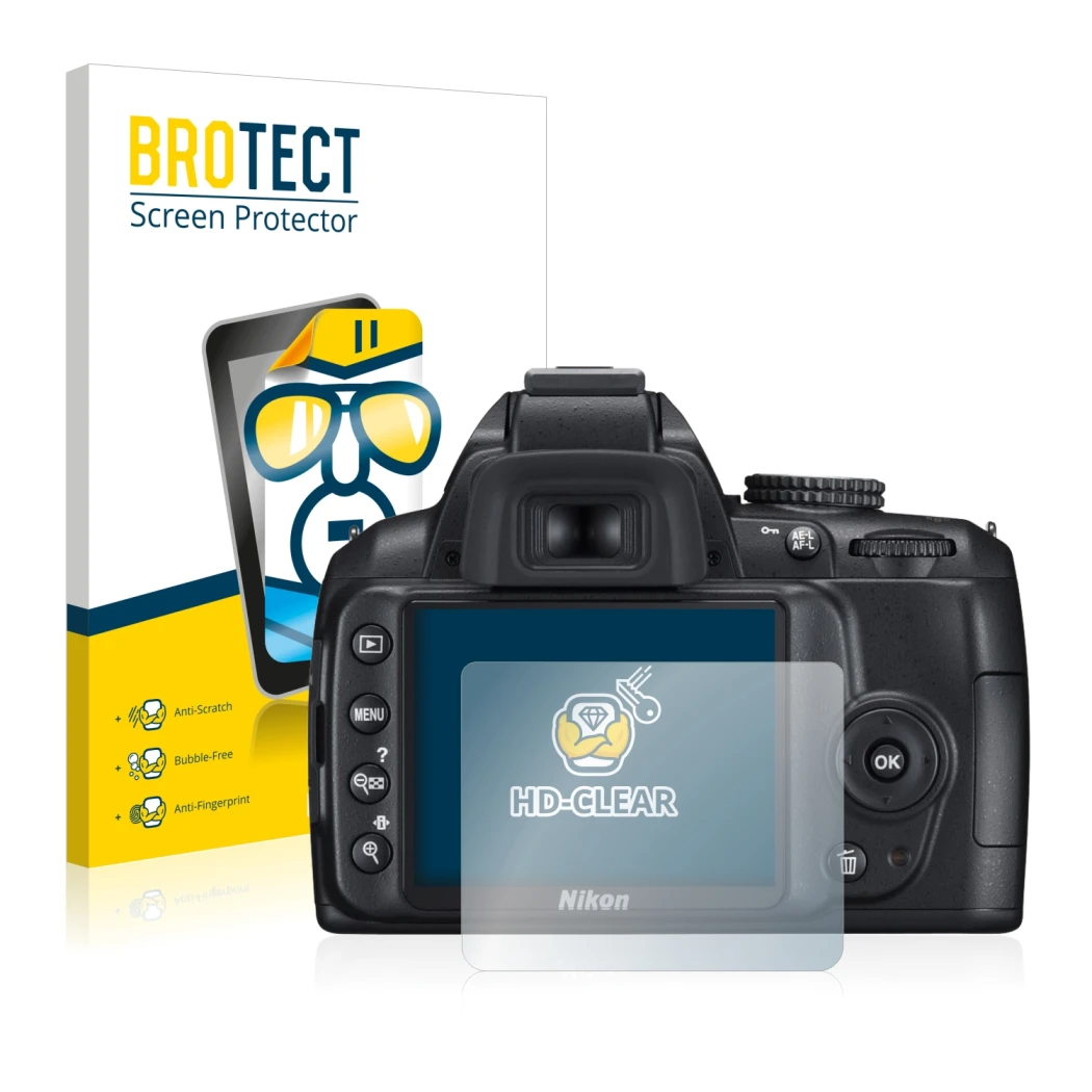 Parte frontal de un envase de producto con el logotipo de la marca BROTECT. Al lado se muestra el dispositivo Nikon D3000 con
