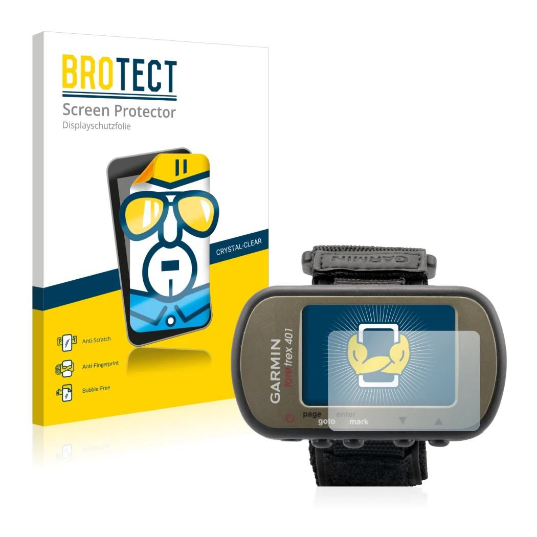 Parte frontal de un envase de producto con el logotipo de la marca BROTECT. Al lado se muestra el dispositivo Garmin Foretrex