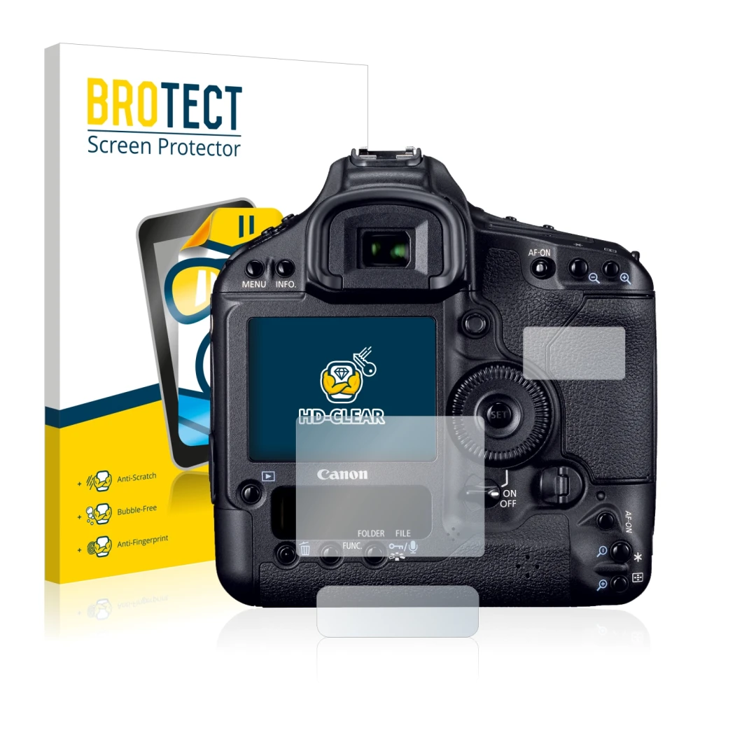 Parte frontal de un envase de producto con el logotipo de la marca BROTECT. Al lado se muestra el dispositivo Canon EOS 1D Mar