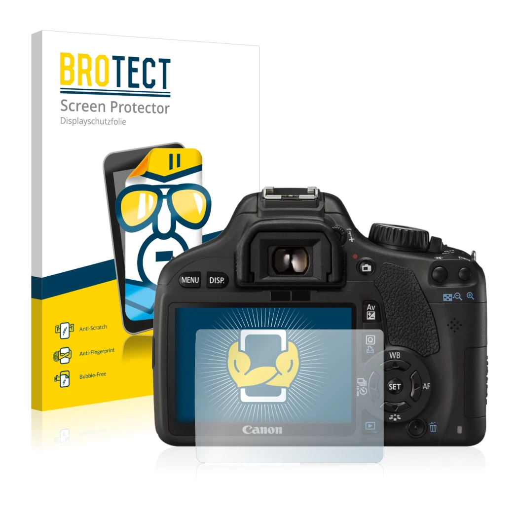 Parte frontal de un envase de producto con el logotipo de la marca BROTECT. Al lado se muestra el dispositivo Canon EOS 550D c