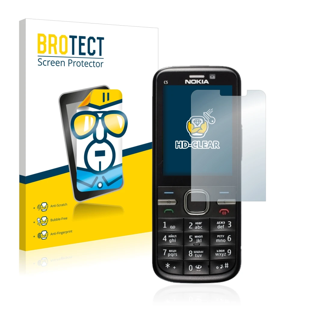 Parte frontal de un envase de producto con el logotipo de la marca BROTECT. Al lado se muestra el dispositivo Nokia C5-00 con