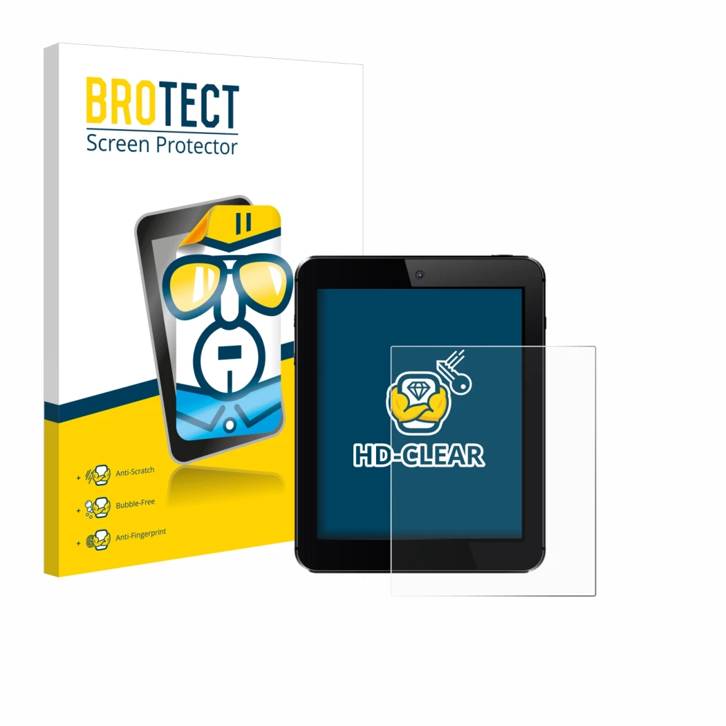 Parte frontal de un envase de producto con el logotipo de la marca BROTECT. Al lado se muestra el dispositivo con su protector