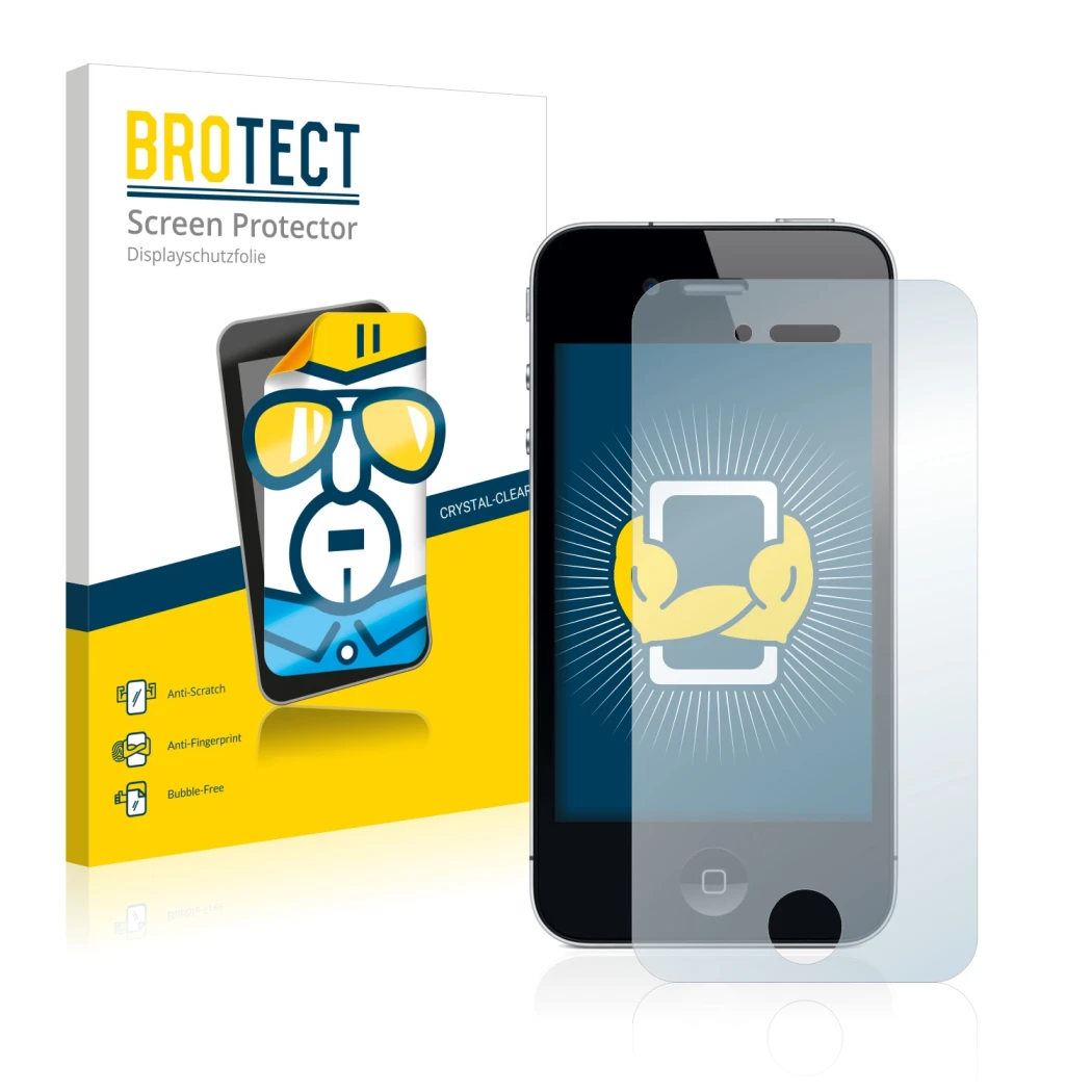 Parte frontal de un envase de producto con el logotipo de la marca BROTECT. Al lado se muestra el dispositivo Apple iPhone 4 c