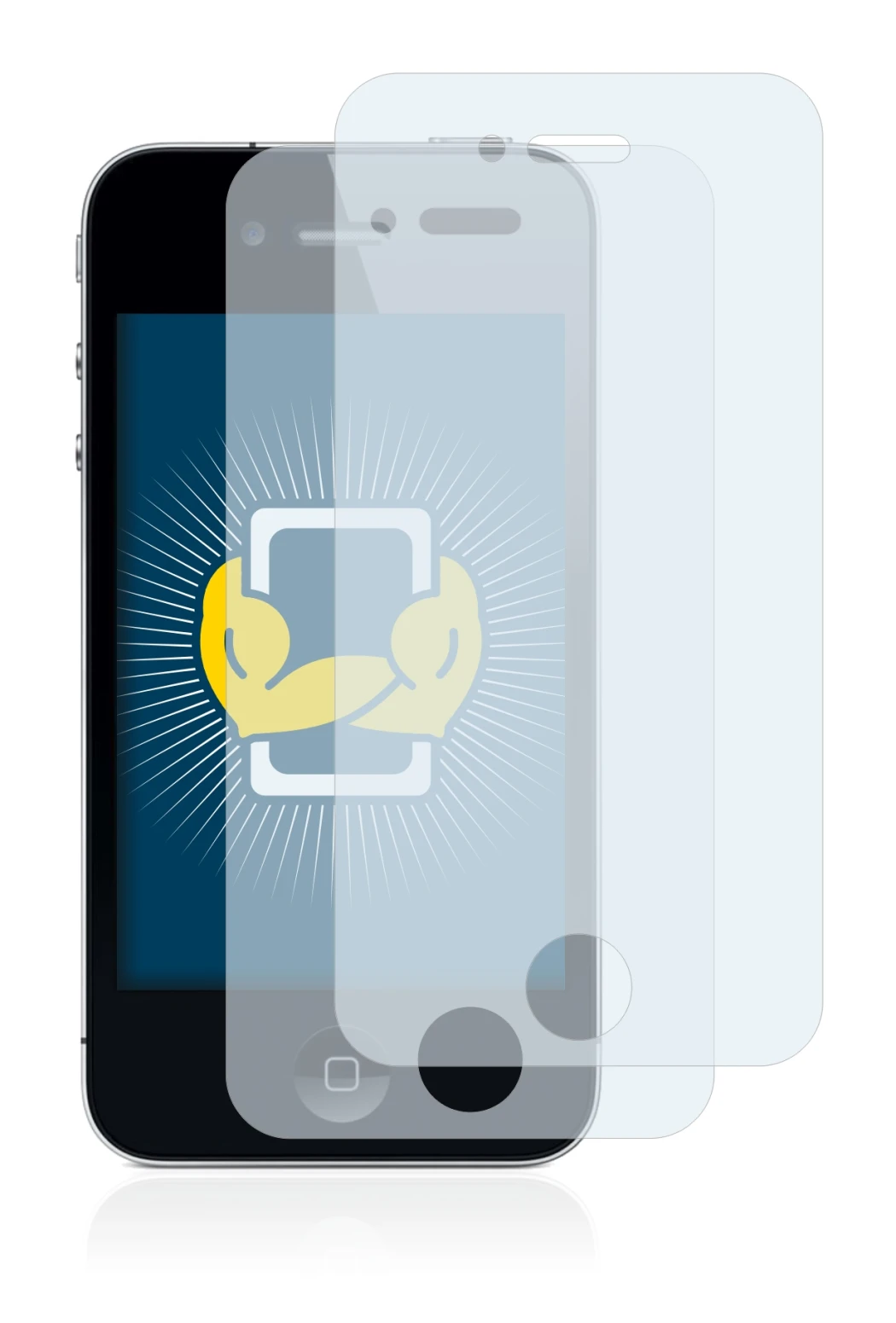Imagen del dispositivo Apple iPhone 4 con una amplia variedad de protectores de pantalla.