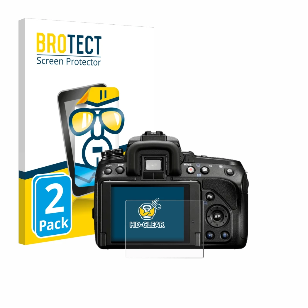 Parte frontal de un envase de producto con el logotipo de la marca BROTECT. Al lado se muestra el dispositivo Sony Alpha 580 (