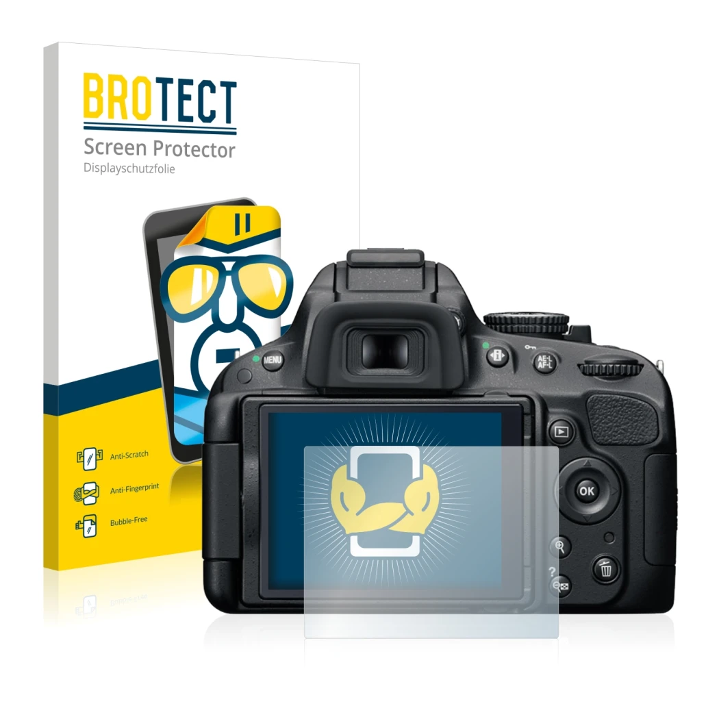 Parte frontal de un envase de producto con el logotipo de la marca BROTECT. Al lado se muestra el dispositivo Nikon D5100 con 