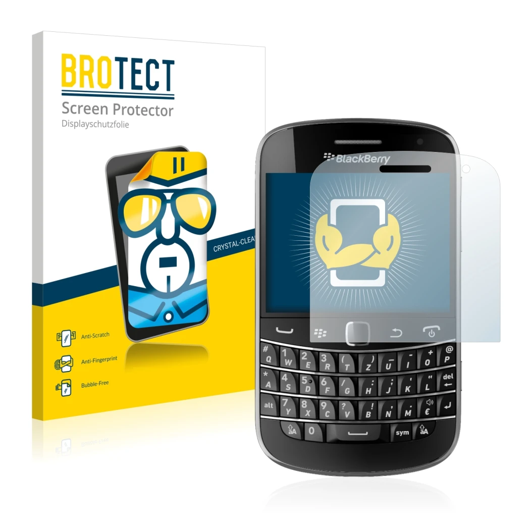 Parte frontal de un envase de producto con el logotipo de la marca BROTECT. Al lado se muestra el dispositivo RIM BlackBerry B
