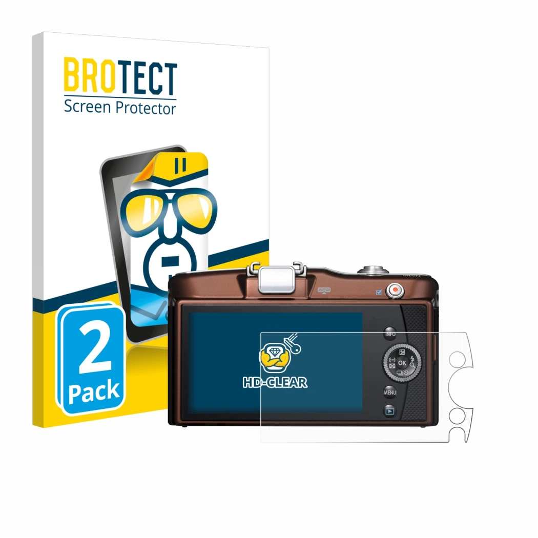 Parte frontal de un envase de producto con el logotipo de la marca BROTECT. Al lado se muestra el dispositivo Olympus PEN E-PM