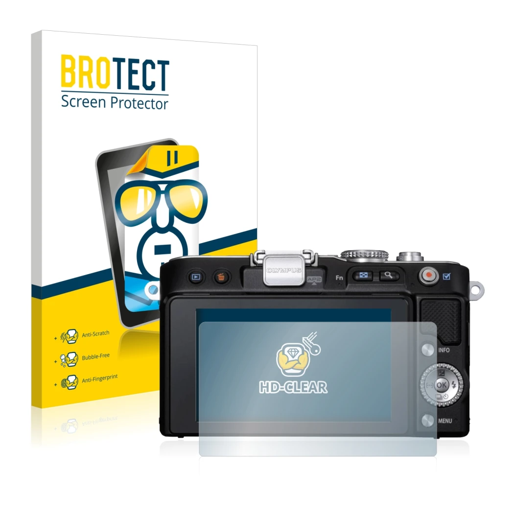 Parte frontal de un envase de producto con el logotipo de la marca BROTECT. Al lado se muestra el dispositivo Olympus PEN E-PL
